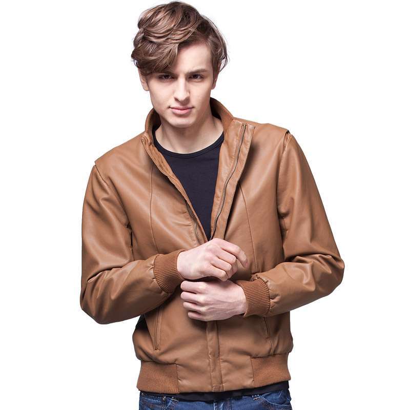 诠渡良品男装时尚立领潮男皮衣外套82106(驼