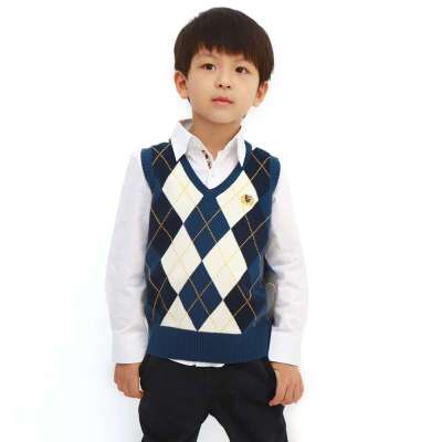 英格里奥男童毛衣背心LLB1213(藏青金菱形格130)【