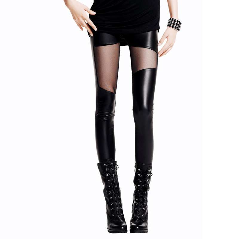 七格格 女装欧美个性网纱显瘦黑色PU仿皮女士