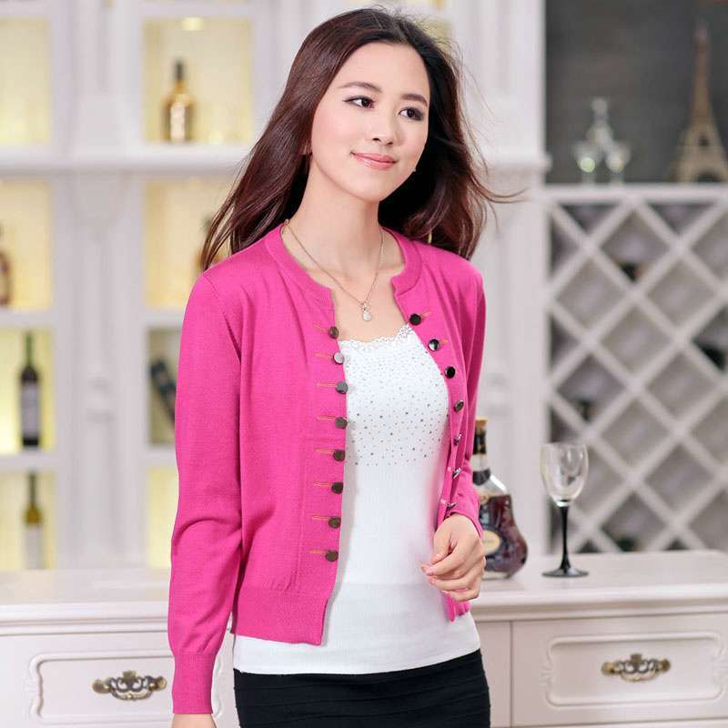 诗米利琪 女装 长袖<em>圆领</em>钮扣薄修身<em>女开衫针织</em>
