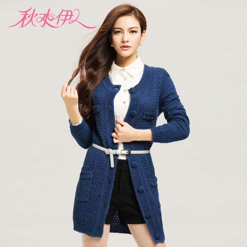 <em>秋水伊人</em> 女装<em>粗针</em>口袋中长款修身<em>开衫</em>针织毛