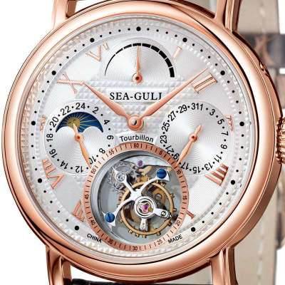 海鸥表(sea-gull)陀飞轮手表 精致高端玫瑰金 鳄鱼皮皮带机械男表 st