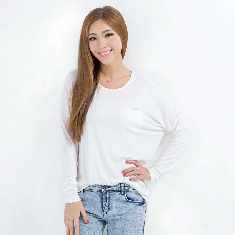 普派净色拼料蝙蝠简约套头T恤 NGEA41B5 白