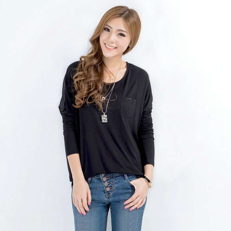 普派净色拼料蝙蝠简约套头T恤 NGEA41A4 黑