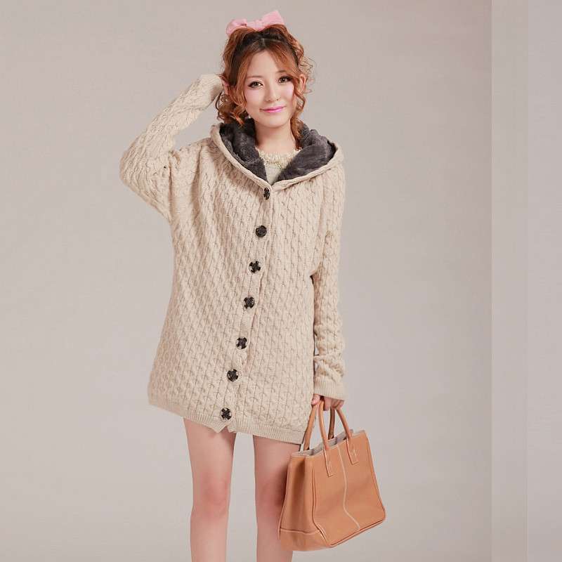 熊唐美佳 女装毛衣甜美加厚加绒麻花中长宽松