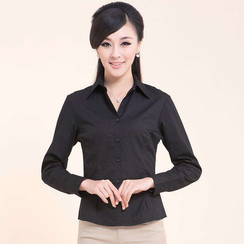 杰美依璐 2013黑色衬衫女长袖纯棉翻领修身职