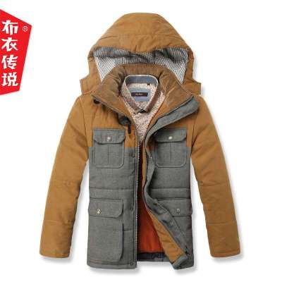 布衣传说2013冬新多口袋撞色中长款棉衣可拆卸帽
