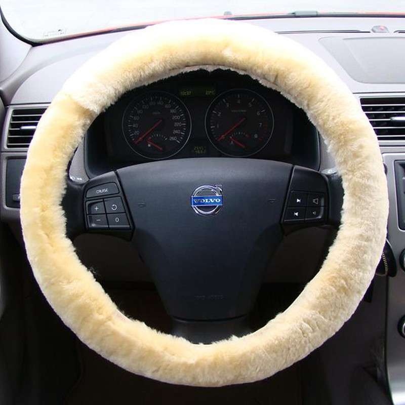 悠魅 冬季高档汽车纯羊毛把套方向盘套 米色【