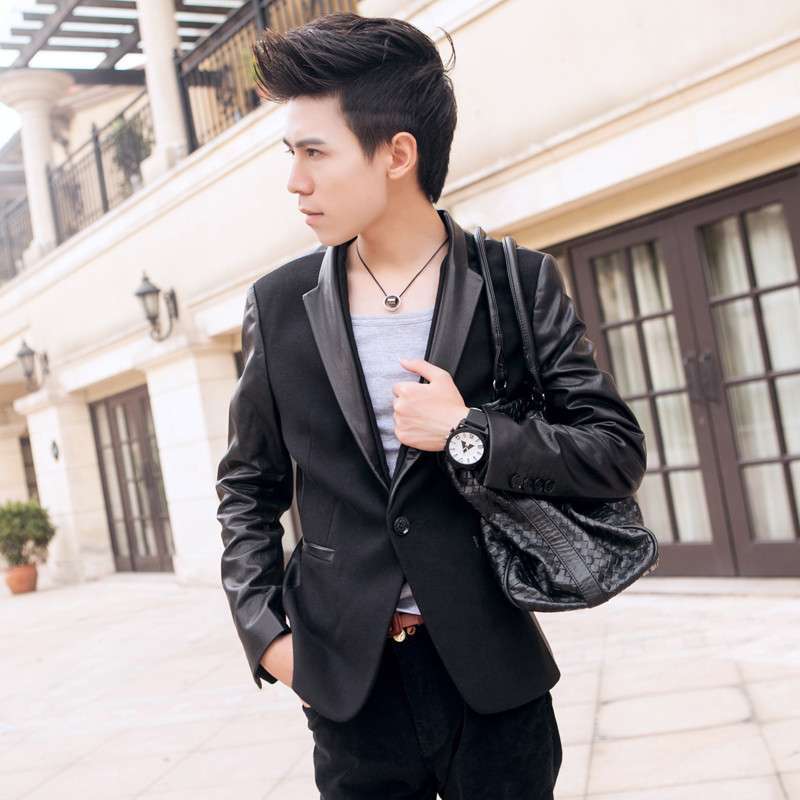 <em>型男</em>季!时尚气质 男装拼皮休闲西装 <em>韩版</em>立领西