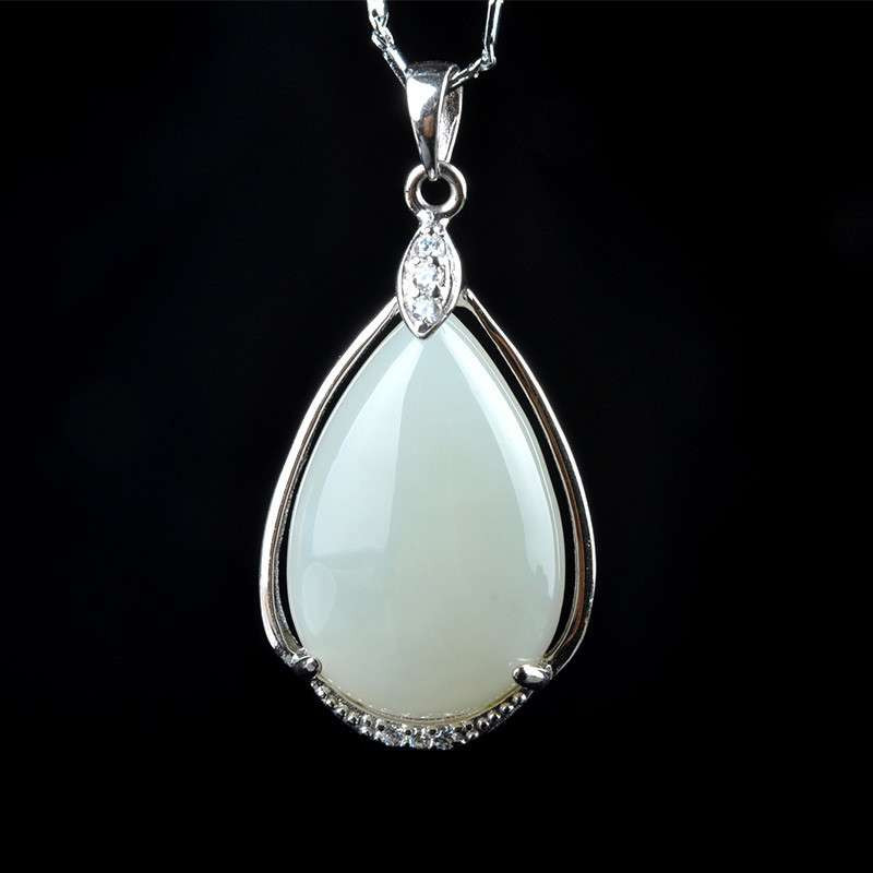 玉上名品 天然和田白玉水滴吊坠 925银镶嵌和