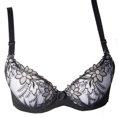 rubeh都市女士黑色刺绣内衣<em>文胸</em>超<em>聚拢加厚小</em>