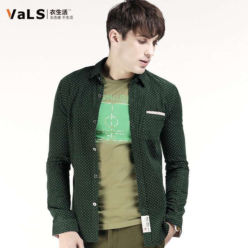 VaLS韩版修身波点纯棉男士长袖衬衫 潮男装长