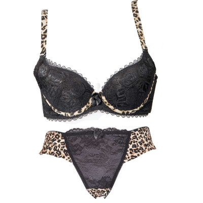 rubeh女士黑色<em>豹纹内衣文胸</em>内裤套装超<em>聚拢</em>加