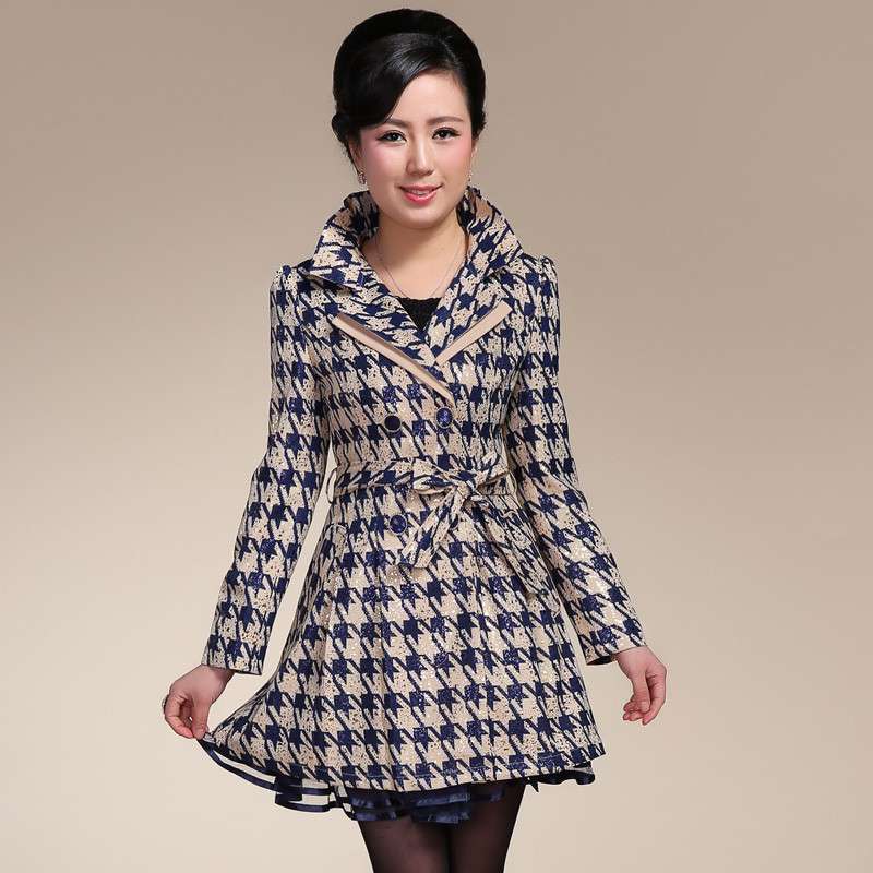 丽欧斯莱 时尚中老年女装千鸟格春秋装风衣 妈