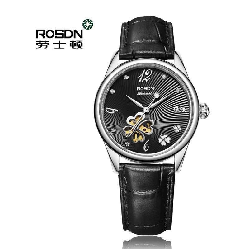 劳士顿机械 情侣手表 女士真皮镶钻全自动防水