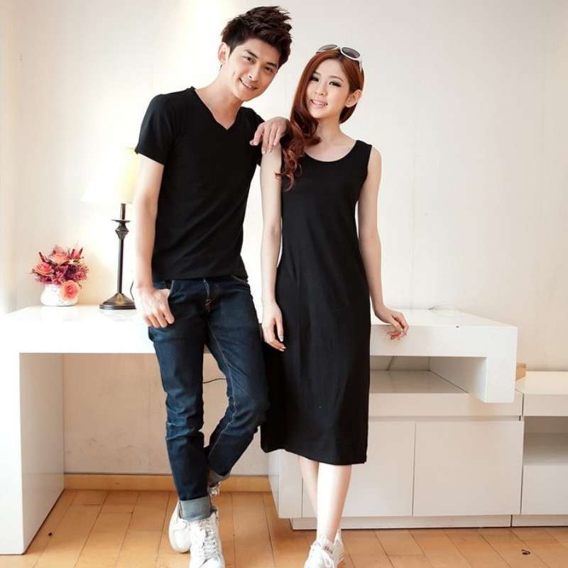 嘉沫 韩版情侣装夏装黑色简约男款T恤女款连衣
