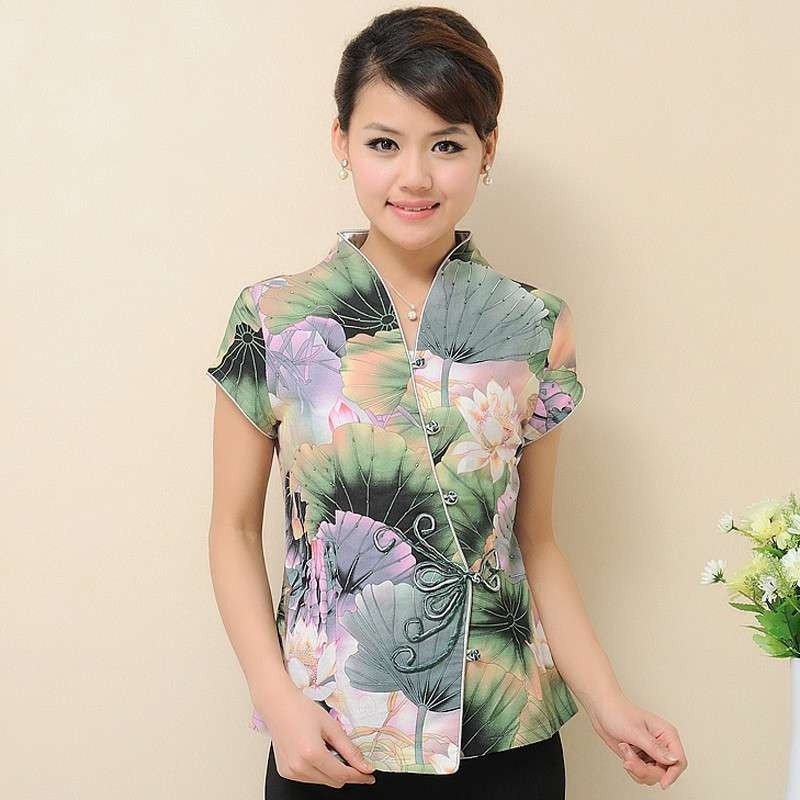 民族风中式改良唐装中老年女装短袖修身上衣夏