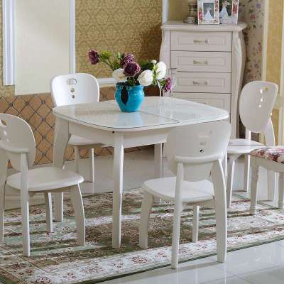 实木白色现代时尚简约可伸缩折叠餐桌椅台组合