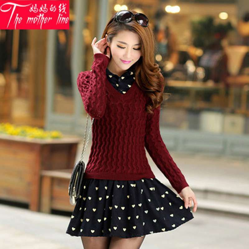 2014春装新款韩版女装针织V领连衣裙 衬衫领