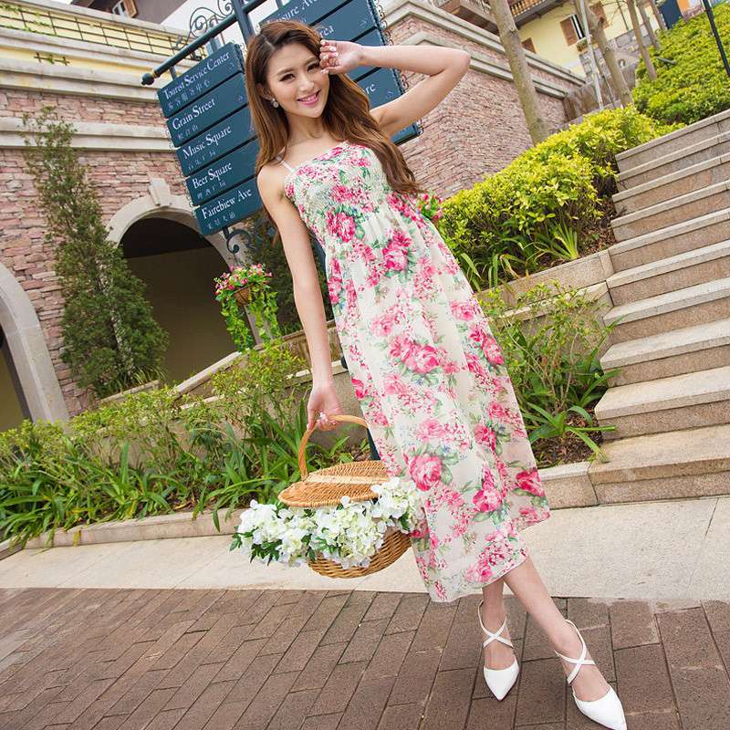 拜森2014夏季新款雪纺波西米亚吊带连衣裙长裙BI141673 桔红花 均码【报价、价格、评测、参数】_裙装_苏宁易购