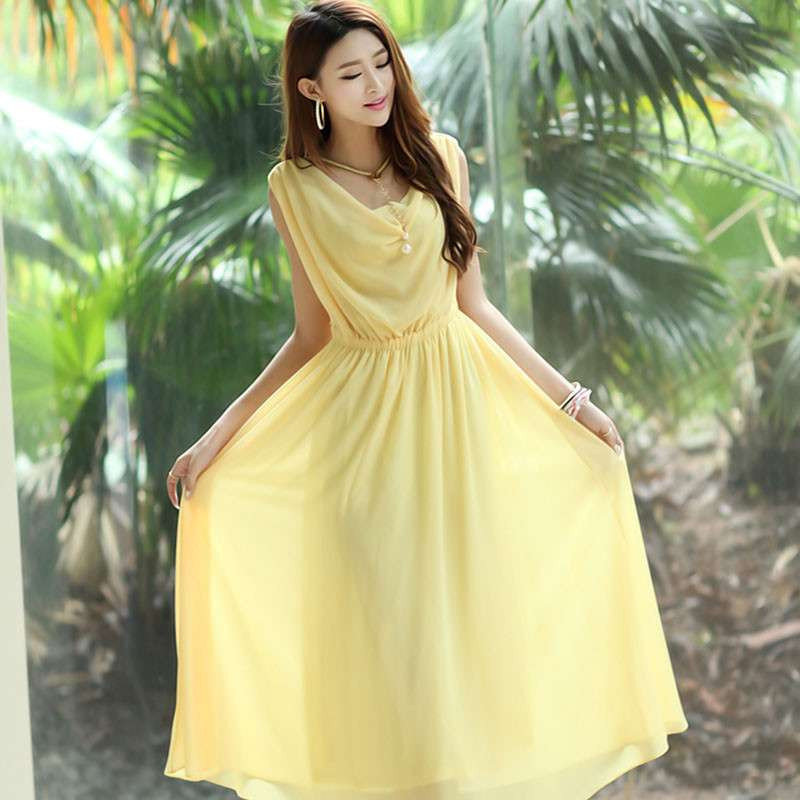 夏季韩版长裙修身显瘦长款雪纺连衣裙波西米亚