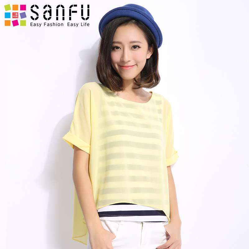 三福2014女装夏季新品韩版棉质雪纺拼接套头