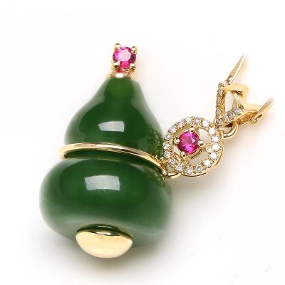 祥祯福珠宝 和田玉碧玉葫芦吊坠 18K金镶菠菜