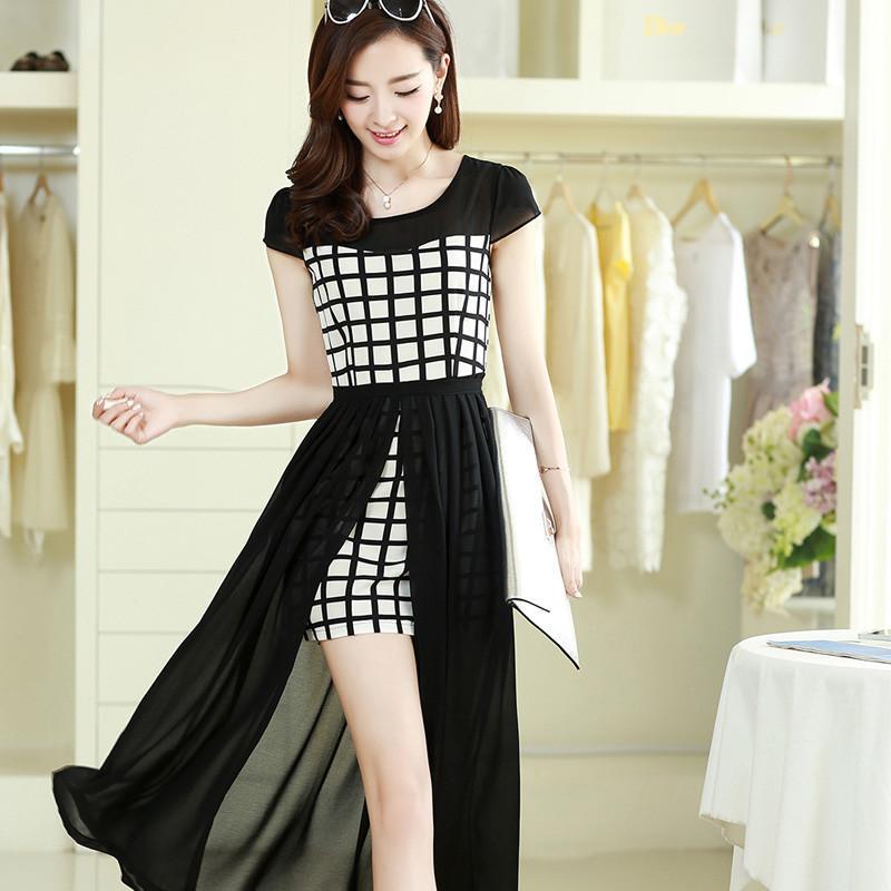 幽雅女人味欧美风连衣裙黑白配格子元素新款裙