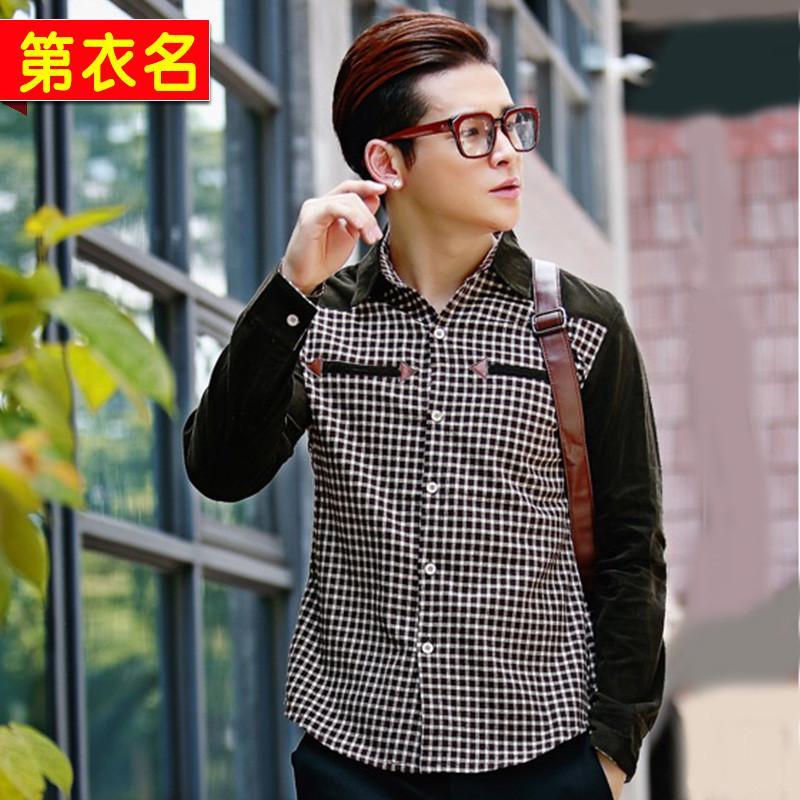 第衣名旗舰店男士长袖<em>格子</em>条纹拼接<em>衬衫</em>绿<em>咖啡</em>