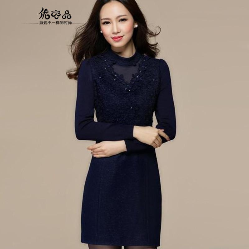 【女人镜】2014中年妈妈装婚礼高贵修身结婚宴会礼服高档秋装长袖蕾丝打底连衣裙#N5287 深蓝色 L【报价、价格、评测、参数】_【女人镜】裙装-苏宁易购