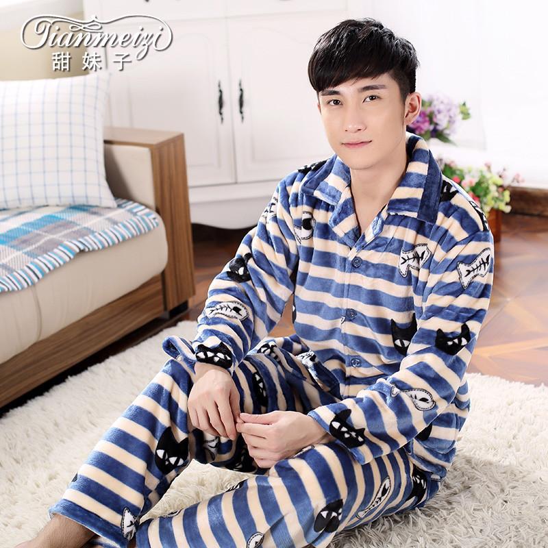 【甜妹子】秋冬季卡通法兰绒加厚加棉男睡衣长