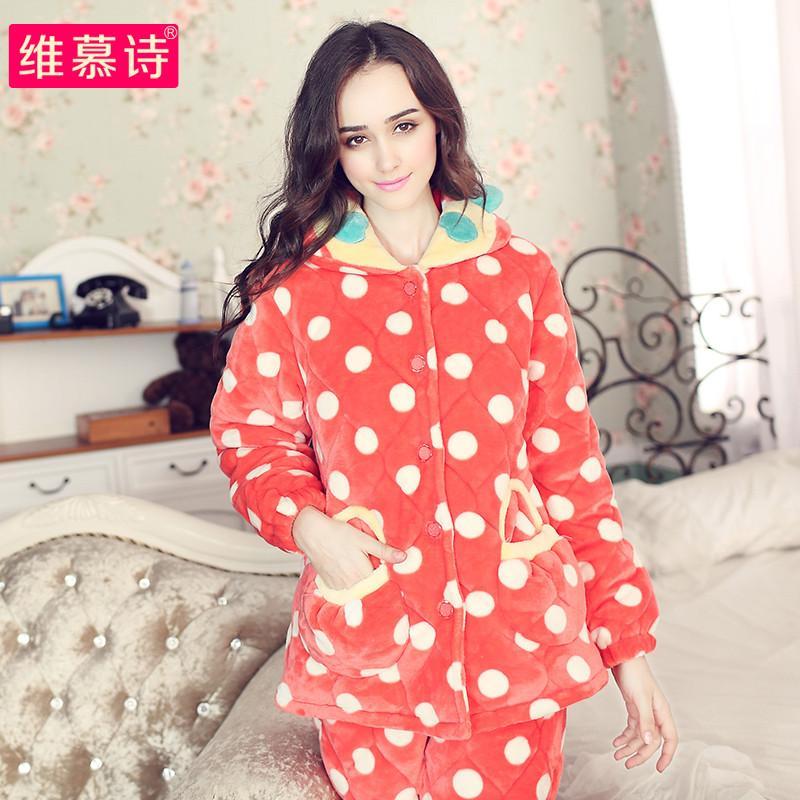 维慕诗 新款女士法兰绒夹棉<em>睡衣</em> 长袖<em>开衫加绒</em>