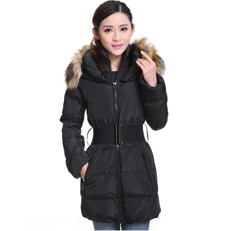 Modern-Tee女式拉链毛领长款保暖羽绒服 白鸭