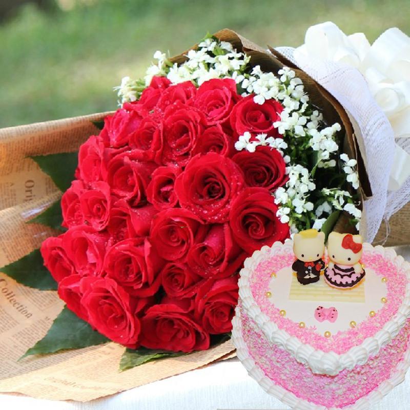 花袭人 鲜花速递全国 11朵红玫瑰生日鲜花蛋糕