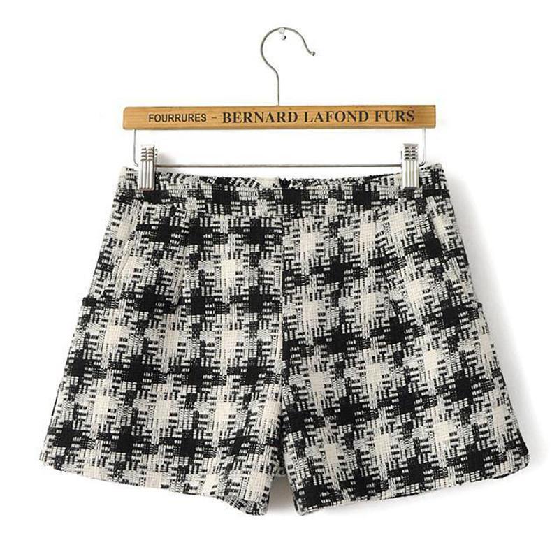 女装<em>冬季</em>新款加厚毛呢<em>格子</em>印花<em>阔腿短裤</em>p415