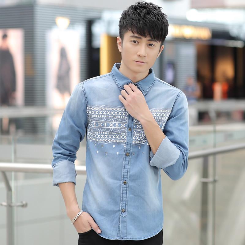 <em>2015</em>男士长袖<em>开衫时尚</em>休闲牛仔衬衫纯色印花