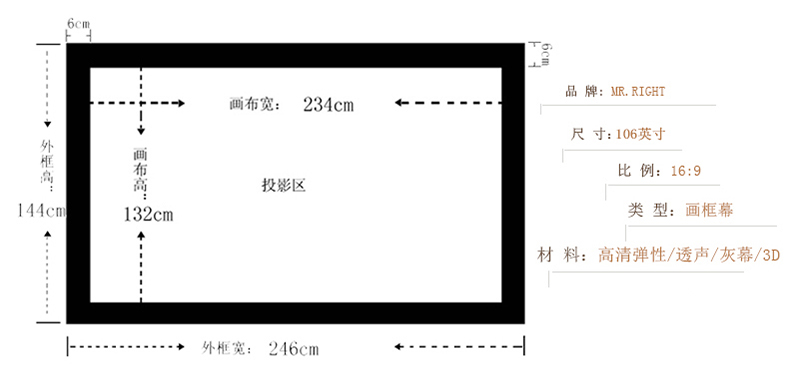 南通精英mrright106英寸169画框幕布投影仪幕布投影幕高清幕家用投影