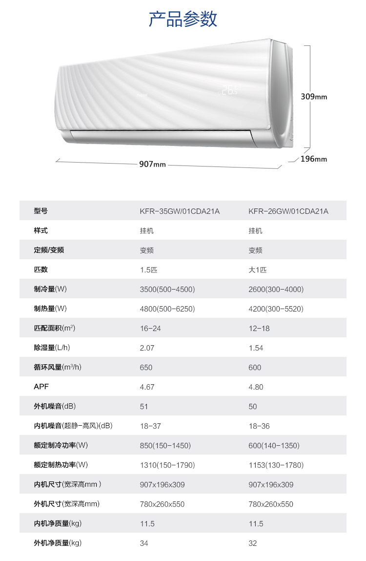 海尔空调kfr-35gw/01cda21a套机,变频挂机;产品参数