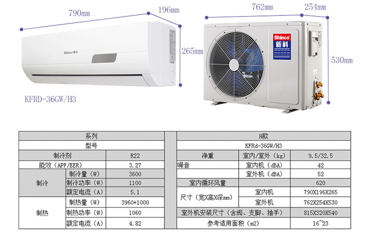 新科(shinco)1.5匹 定频 冷暖 空调挂机 kfrd-35gw/h3