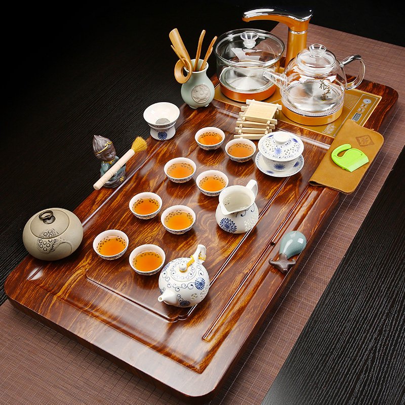 瓷整套四合一茶盘全自动家用简约纳丽雅紫砂功夫茶具套装玻璃茶道 15芭花步步高升自动粗陶+双玻璃 36件