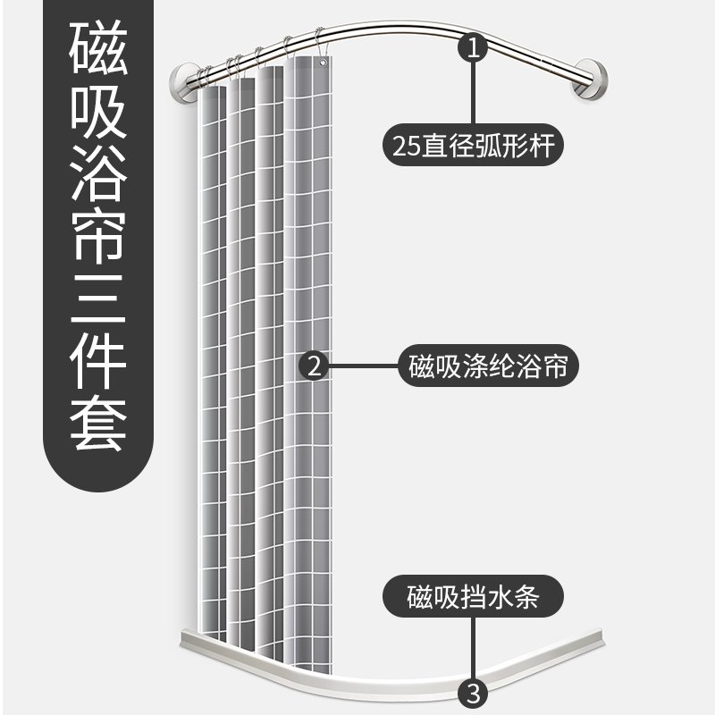 浴帘套装免打孔浴室帘淋浴房CIAA卫生间干湿分离隔断洗澡防水布弧形杆 95*145磁挡水条+伸缩弧形杆D+磁吸浴_751