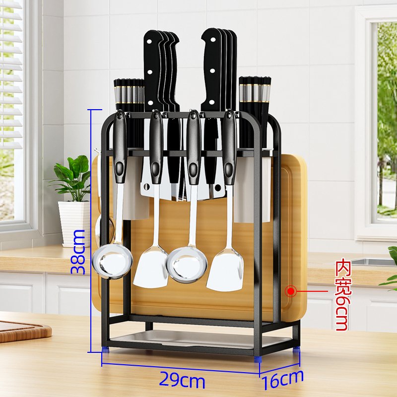 多功能不锈钢刀架厨房置物架刀具烘焙精灵收纳架砧板架筷子筒锅铲厨具挂架 WD528加高款（睿智黑）