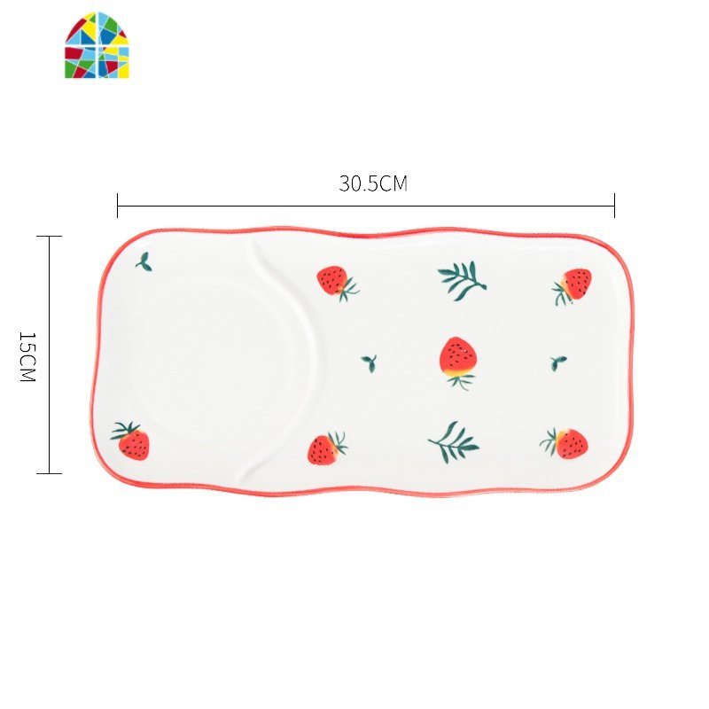 精致餐具早餐一人食套装家用 日式单人可爱手绘创意陶瓷莓碗盘 FENGHOU RX草莓长方盘红