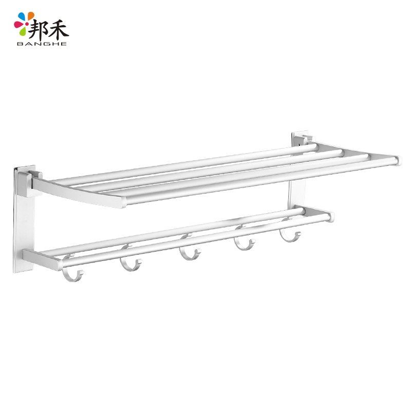 邦禾 免打孔 毛巾架 太空铝卫生间挂钩毛巾杆 浴室置物架子宿舍壁挂【40cm双杆(免打孔)】