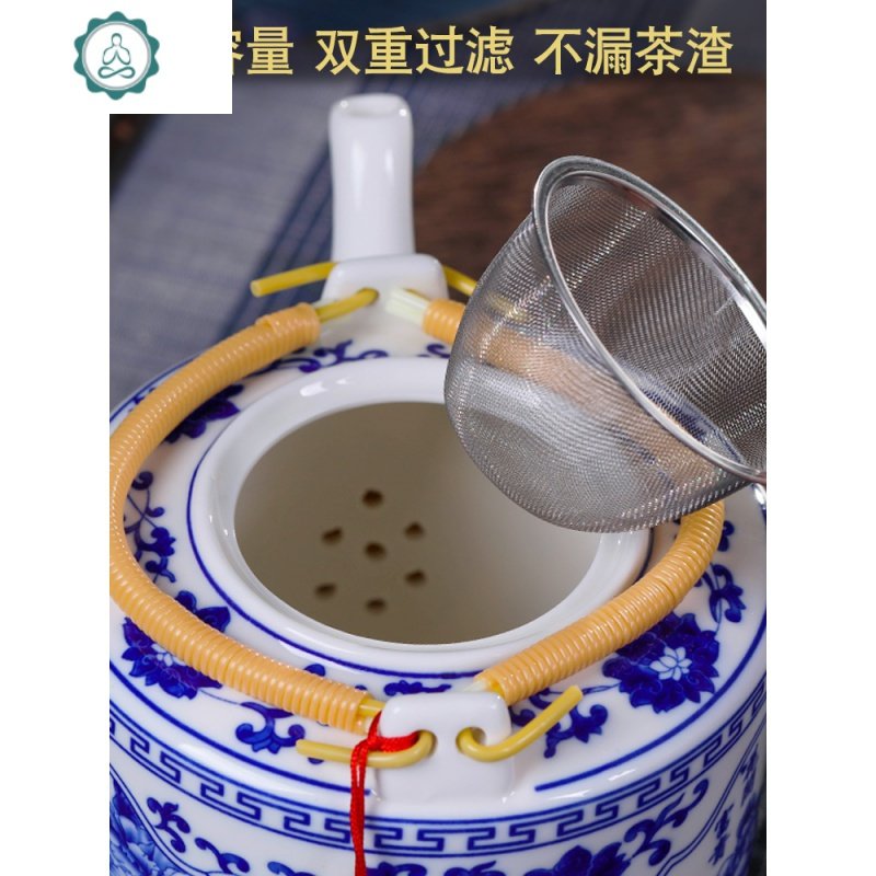 景德镇瓷器茶壶陶瓷大容量凉水壶大号青花瓷冷水壶提梁泡茶壶家用 封后 3.8-花开富贵