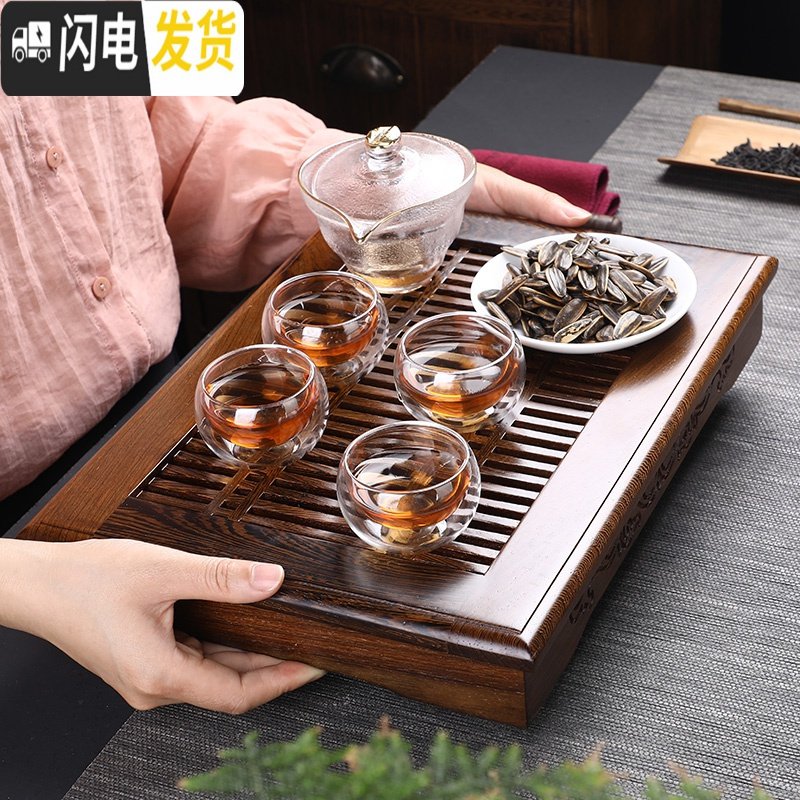 三维工匠茶盘小型可排水家用办公桌简易茶海迷你鸡翅木储水小茶台一人用 大号储排两用茶盘+豪华七件套