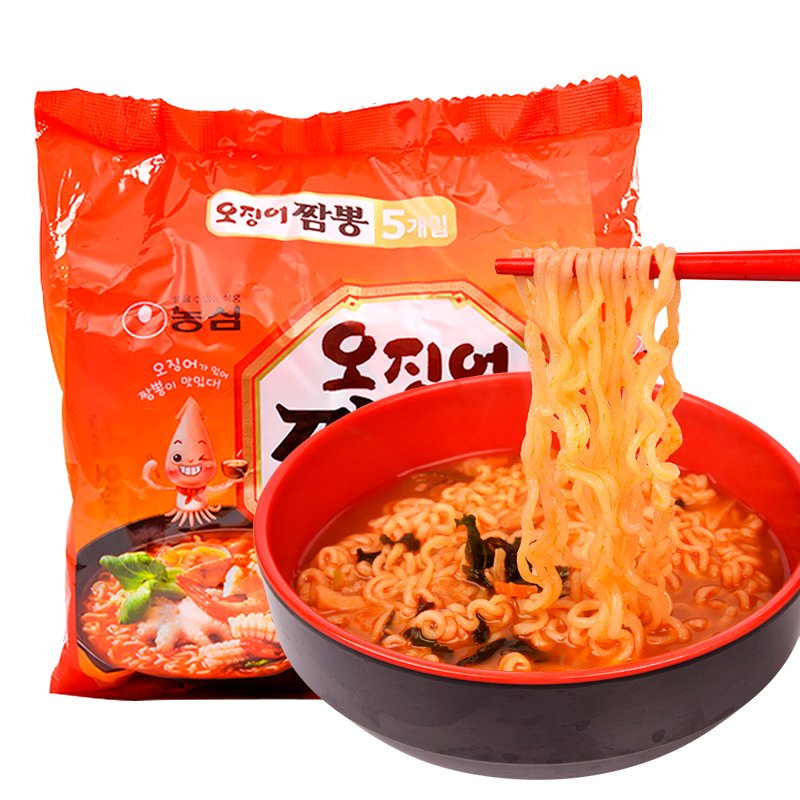 农心(nongshim) 鱿鱼面5连包 韩国进口方便面 海鲜味拉面 辣味泡面124gx5袋
