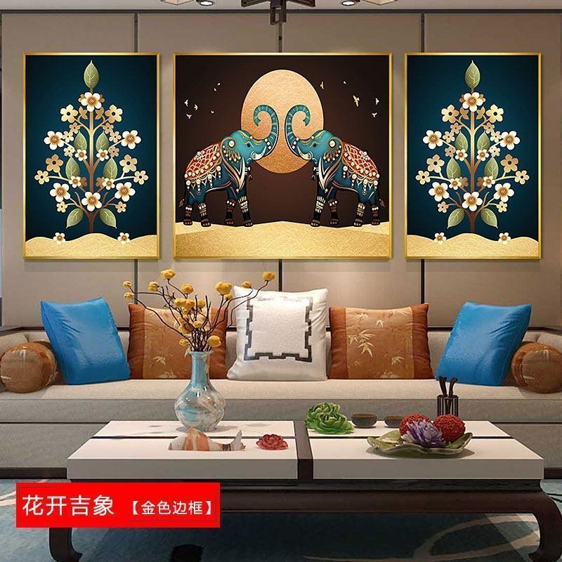 北欧壁画三联组合沙发背景墙客厅装饰画现代玻璃简约餐厅挂画鹿鹿 花开吉象（金色边框） 40*60cm三联套装（建议_324