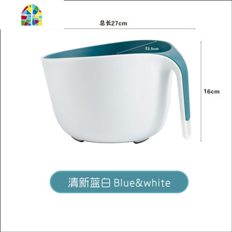 家用塑料长方形洗菜盆两件套创意厨房洗水果大号双层沥水篮 FENGHOU 侧猫耳_白蓝