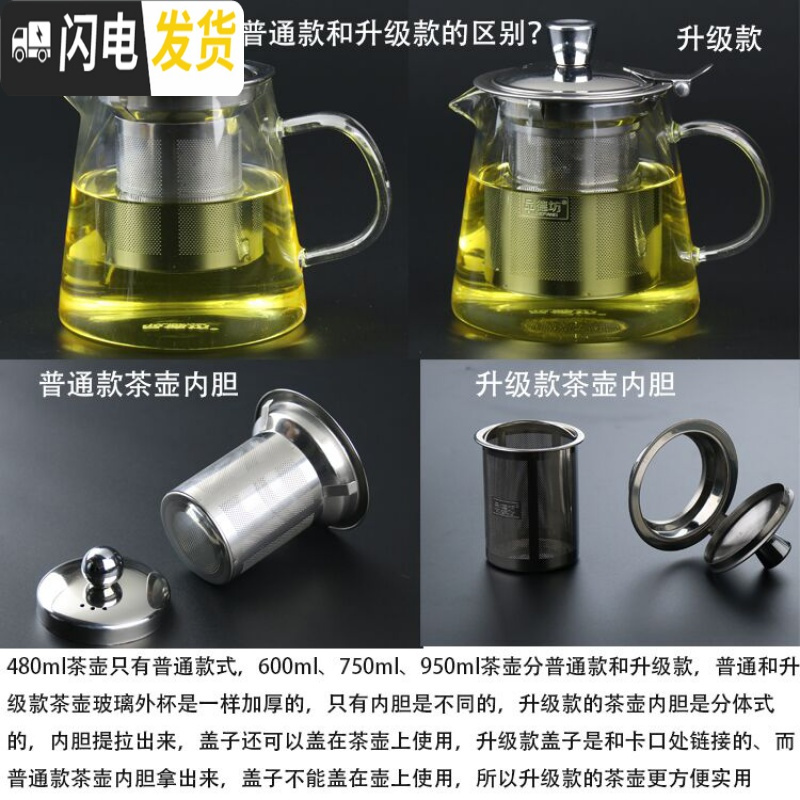 三维工匠 耐热玻璃茶壶花茶壶加厚不锈钢过滤玻璃茶具泡茶壶 防爆裂 升级款加厚750ml直身钢胆壶+6杯